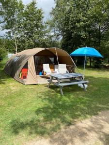 MontjayCamping Les Arbois的田野上的帐篷和野餐桌