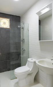 CaciqueVillas Club Ámbar的浴室配有卫生间、盥洗盆和淋浴。