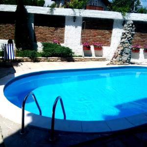 贝尔格莱德Vila Senjak的一座大蓝色游泳池,位于房子前