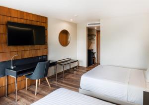 提华纳德尔里约真实酒店的酒店客房配有一张床、一张书桌和一台电视。