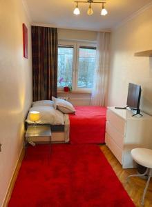 奥尔什丁Apartament pod Pawiem的一间卧室配有红色的地毯和红色的床