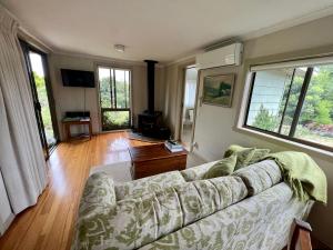 Badger Creek山上小屋旅馆的带沙发的客厅和部分窗户。