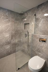 派尔努Cabin Guesthouse的一间带卫生间和玻璃淋浴间的浴室