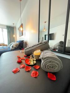 珀套特科姆博特Bulle d'Amour的一间铺有红色花瓣的床的客房