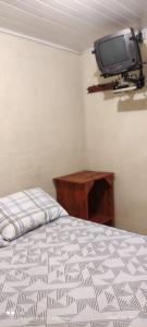 莫雷蒂斯Pousada Recanto Do sagui的卧室配有一张床,墙上配有电视。