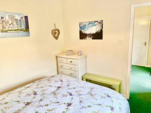 科克Cosy 2 bed cottage next to Fota Wildlife Park的一间卧室配有一张床和一个梳妆台