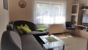 KleingießhübelFerienwohnung-Nickl的带沙发和玻璃桌的客厅