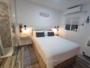 多列毛利诺斯Torremolinos Suite的一间卧室设有一张大床和玻璃淋浴间