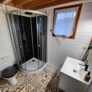 圣安德烈德赫伯特Chalet 31的带淋浴、卫生间和盥洗盆的浴室