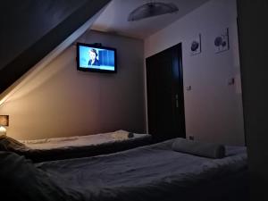 赫鲁别舒夫RESTAURACJA & PENSJONAT SZAMANKO的一间卧室设有两张床,墙上配有电视。