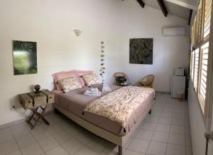 舍尔谢Chambre d'hôte La Villa Gialla的卧室配有床、桌子和窗户。