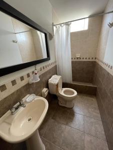 特鲁希略Exclusivo Apartamento en el corazón de Trujillo的一间带水槽、卫生间和镜子的浴室