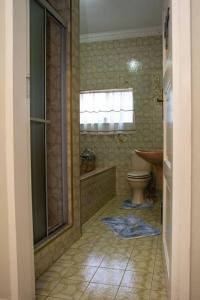 伯诺尼Ailani Grey的带淋浴和卫生间的浴室以及窗户。