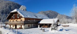 阿布特瑙Landhaus Algerhof的一座大木屋,位于雪中,与群山交织