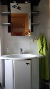 克林根塔尔Ferienwohnung mit Garten und Spielplatz的浴室设有白色水槽和镜子