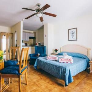 圣米格尔德阿沃纳Sunshine Apartments的一间卧室配有一张床和吊扇