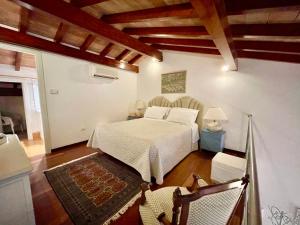 坎帕尼亚诺·迪罗马Agriturismo Potrero Grande的一间带一张床的卧室,位于带木制天花板的房间内