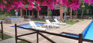 圣希尔Hotel Campestre UMPALÁ的一组椅子和一个拥有粉红色花卉的游泳池