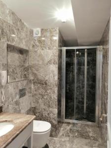 伊斯坦布尔Opatija Hotel的带淋浴、卫生间和盥洗盆的浴室