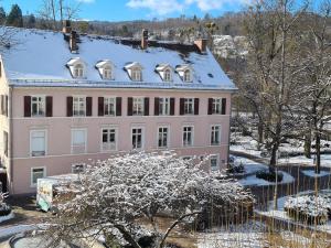 巴登-巴登勒霍尔酒店的一座粉红色的大建筑,屋顶上积雪