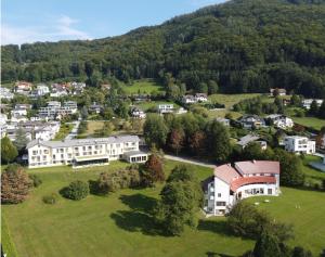 格蒙登Hotel Magerl的享有山脉村庄的空中景致