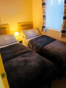 塔特舍尔The Sunflower Luxury caravan at Tattersall lakes的一间卧室设有两张床和窗户。
