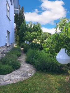 萨格勒布The Lovely Garden House的一座带蓝色房子的院子和一座带花瓶的花园