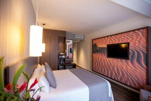 巴塔Panafrica Hotel Boutique & Spa的一间酒店客房,配有一张床和一台墙上的电视