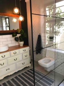 Sunridge ParkLoft on Honey的一间带卫生间、水槽和镜子的浴室