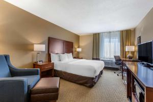 洛斯阿拉莫斯洛斯阿拉莫斯康福特茵套房酒店 的酒店客房配有一张床、一张书桌和一台电视。