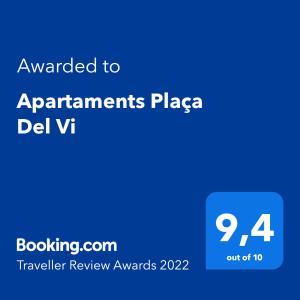 Apartaments Plaça Del Vi的证书、奖牌、标识或其他文件