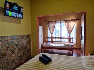 亚松森Nomada Hostel的卧室配有一张床,墙上配有电视。