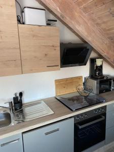 朗根阿根Ferienwohnung Mayer的厨房配有水槽和炉灶 顶部烤箱