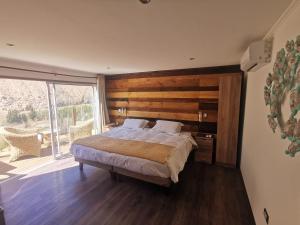 皮斯科艾齐Lodge Nueva Elqui的一间卧室设有一张大床和一个大窗户