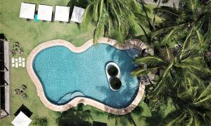 圣多美圣多美欧马里酒店 的享有棕榈树游泳池的顶部景致