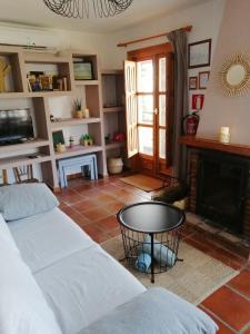 布维翁Casa La Pizarra的带沙发和壁炉的客厅