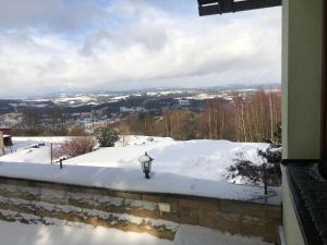 纳霍德Vyhlídka Resort的从房子的屋顶上欣赏雪景