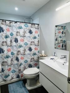 KoolbaaiMenPour Apartments Complex的一间带卫生间和淋浴帘的浴室