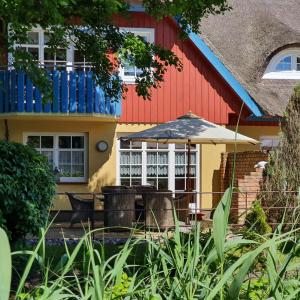 博恩"Kombüse" by Ferienhaus Strandgut的一堆蓝色水箱的房子