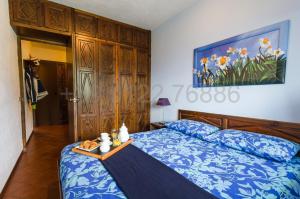 塞斯特雷赛斯特里尔2号度假村 的一间卧室配有一张蓝色的床,上面有托盘