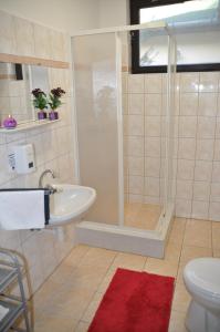 巴拉顿菲兹弗Fűz Apartman的带淋浴、盥洗盆和卫生间的浴室