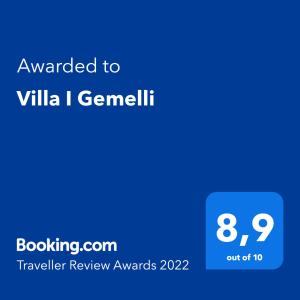 维耶斯泰Villa I Gemelli的手机的屏幕,手机的文本被授予Villa i genelli