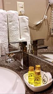 圣克鲁斯Pacifico Apart Hotel的浴室柜台提供毛巾和2瓶 ⁇ 子