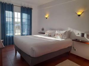 雷根古什-迪蒙萨拉什Terras de Monsaraz的卧室配有一张带蓝色窗帘的大型白色床