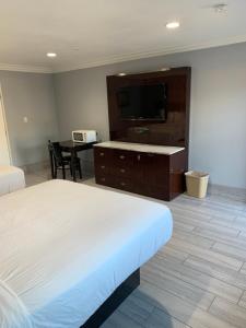 森瓦利Willow Tree Inn & Suites的酒店客房配有一张床、一张书桌和一台电视。