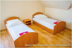 NiskoZajazd Pod Jesionami的铺有木地板的小客房内的两张床