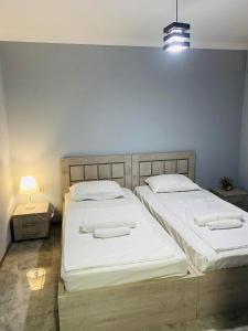 巴统sea view rooms in Batumi的一间卧室设有两张床和蓝色的墙壁