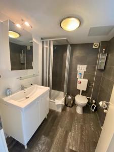 柏林柏林城市假日公寓酒店的浴室配有白色水槽和卫生间。