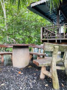 双溪大年CabinStay Cikgu Sungai Batu Besi的两个木凳坐在大楼旁边