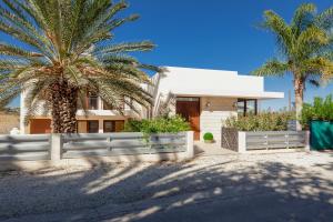 拉基Alkistias & Konstantinos Villa的白色围栏和棕榈树的房子